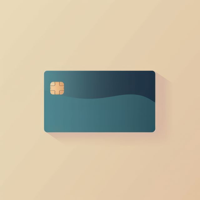 Blank blue credit card with microchip on beige, copy space, created using generative ai technology. Emv chip, banking, spending, technology and finance mock up concept digitally generated image.