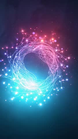 Spinning neon filament ring looping with shifting hues and pulsing nodes vertical video