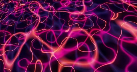 Neon filament network flowing across abstract glowing waves with vibrant pink and orange