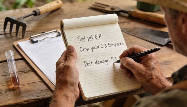 Farmer recording soil ph crop yield and pest damage on notepad on rustic wooden porch
