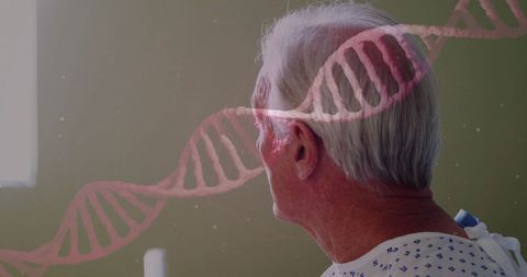 Senior Man in Hospital Gown with DNA Strand Overlay