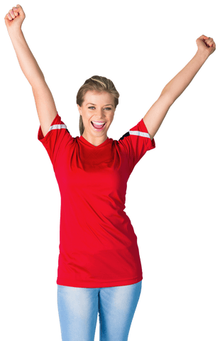 Cheerful Woman in Red Jersey Celebrating Victory Transparent Background