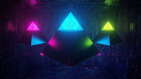 Levitating Neon Tetrahedra Emitting Particles in Futuristic Circuit Chamber, Holographic Glow