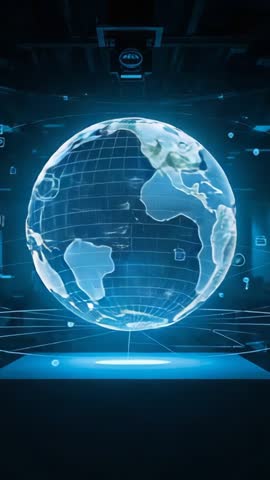 Rotating Holographic Earth Projecting Global Data Interface in High-Tech Vertical Video