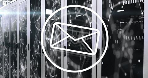 Digital email icon hovering above network servers in data center