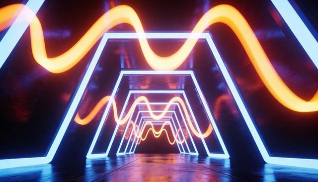 Neon Geometric Tunnel with Orange Wave Ribbons and Futuristic Reflective Corridor