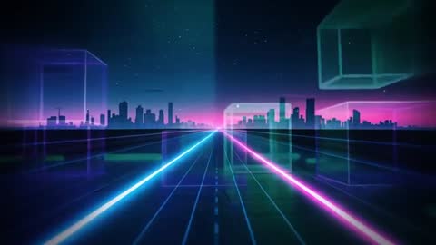 Futuristic Cyber City with Neon Grid and Wireframe Cubes