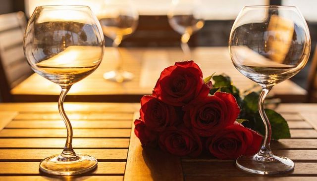 Sunset glow on romantic dinner table with red rose bouquet and curved balloon wine glasses