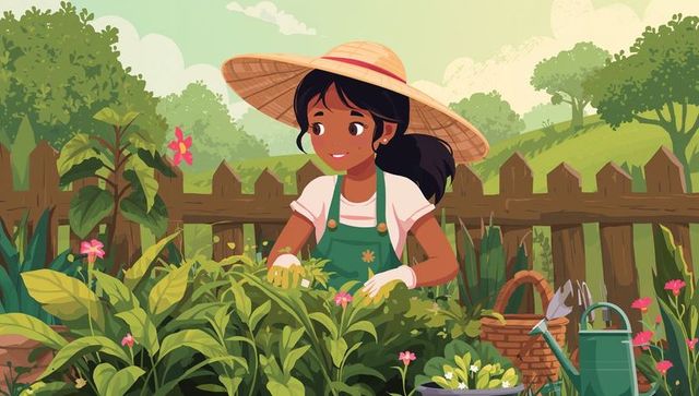 Young girl wearing straw hat tending backyard flower bed planting seedlings and watering plants