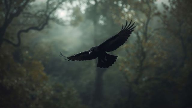 Black Bird Gliding in Misty Forest with Autumn Foliage