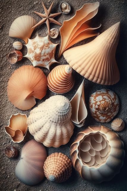This image features a collection of assorted seashells on a sandy surface, showing various shapes, sizes, and textures. Ideal for usage in marine-themed projects, summer or beach holiday promotions, nature exploration content, or as decorative design elements in brochures, websites, or posters conveying a sense of the coastal atmosphere.