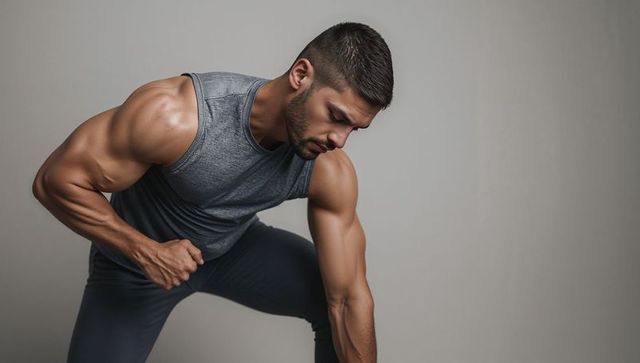 Male fitness model showcasing muscular strength and toned physique in sleeveless grey top