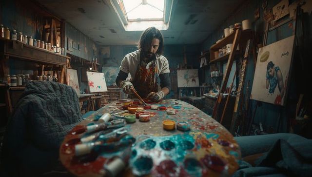 Creative artist mixing vibrant paints in rustic art studio
