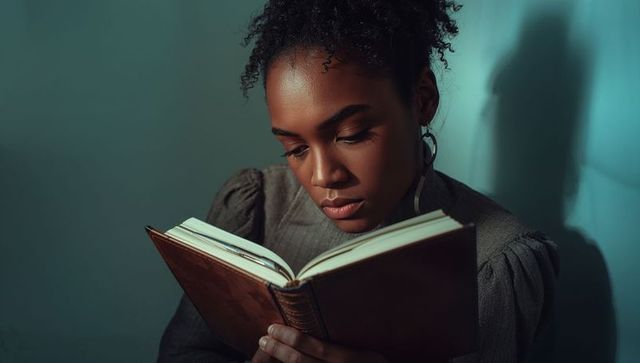 Elegant Woman in Introspection Reading Leather-bound Book
