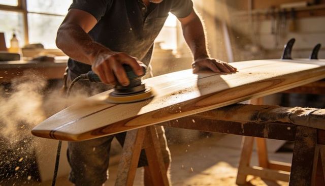 Sunlit workshop craftsman sanding wooden longboard with orbital sander, sawdust flying