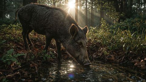 Wild Boar Drinking from Forest Pool in Morning Sunlight