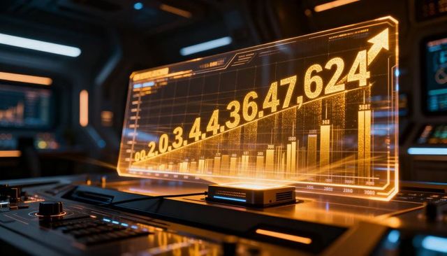 Futuristic amber holographic dashboard projecting upward financial growth and analytics