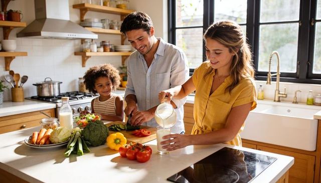 Family preparing healthy meal together in bright modern kitchen with fresh vegetables