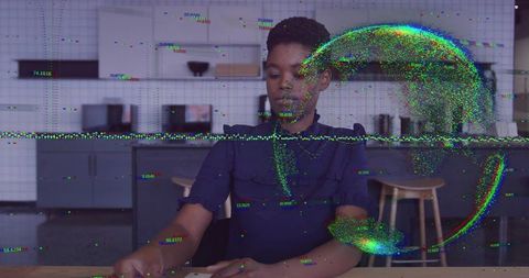 Young woman using smartphone in kitchen with digital glitch and data distortion overlay