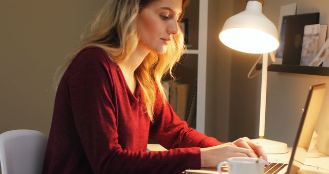 Focused Woman Working on Laptop at Home Office Desk - Download Free Stock Images Pikwizard.com