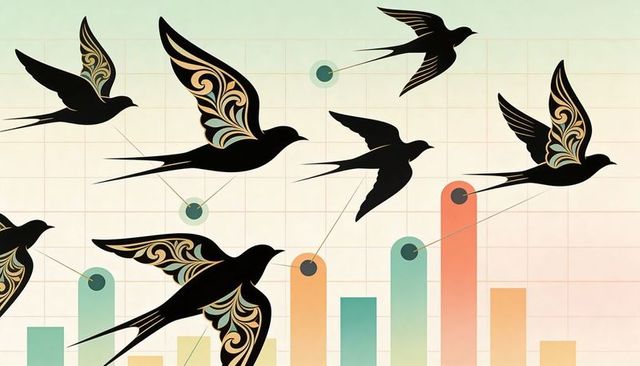 Swallow silhouettes linking data nodes over pastel infographic bar chart with ornate wings