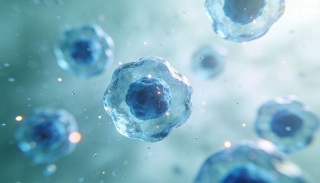 Translucent cells floating in teal culture medium with glossy membrane and dark nucleus