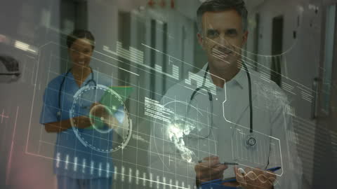 Diverse Doctors Analyzing Digital Medical Data Projection