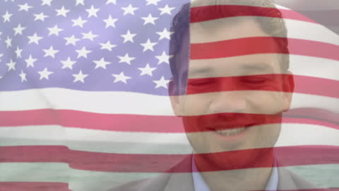 Portrait of Smiling Man with Transparent American Flag Overlay