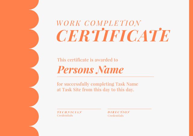 Elegant Work Completion Certificate Template with Orange Accents - Download Free Stock Templates Pikwizard.com