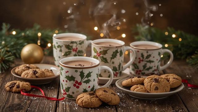 Steaming Holiday Mugs of Hot Chocolate with Chocolate Chip Cookies on Rustic Wooden Table