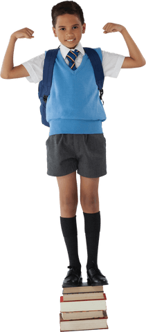Confident Schoolboy Flexing Muscles Standing on Books Transparent