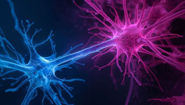 Glowing neon synapse connecting blue and pink neurons with tubular axon bridge