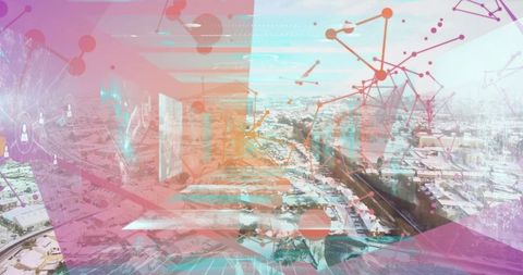 Futuristic network overlay on office windows with wintry cityscape