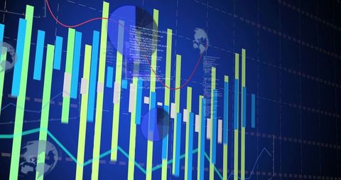 Neon Fintech Analytics Dashboard Featuring Candlestick Bars, Vertical Bar Charts, Trend Lines