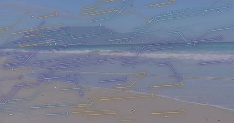 Futuristic digital overlay on serene ocean beach