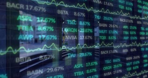 Global financial data overlay with urban backdrop