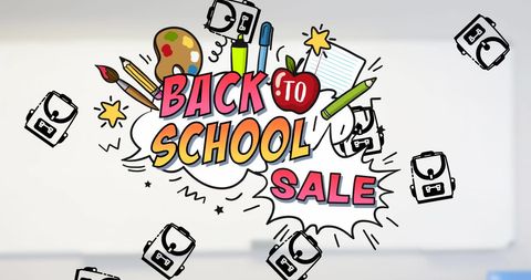 Colorful Back to School Sale Graphic in Classroom Setting