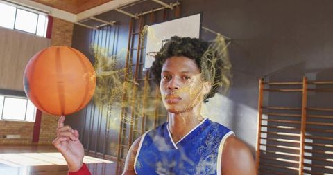 Energetic Athlete Spinning Basketball in School Gym