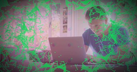 Mature man engaged in remote work with technological network overlay