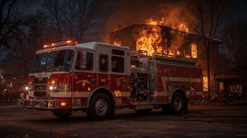 Fire truck at night with burning house in background