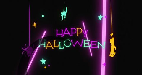 Colorful neon happy halloween animation with scary silhouettes