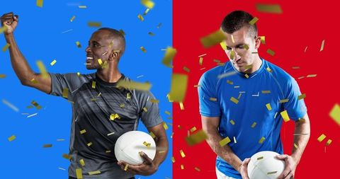 Celebratory Moments of Diverse Rugby Players with Confetti