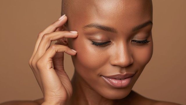 Serene bald woman touching temple with glowing skin, closeup beauty portrait for skincare