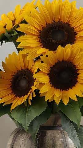 Panning across vibrant sunflower bouquet in ceramic vase on rustic tabletop