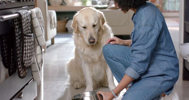 Woman in casual denim clothing kneeling and feeding a Golden Retriever in a cozy and bright kitchen. This image can be used for promoting pet food, pet care services, or articles on pet ownership and companionship.