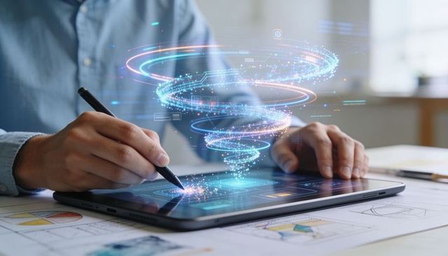 Designer drawing holographic spiral on tablet with stylus, futuristic ar visualization