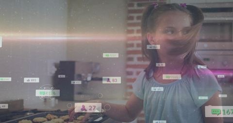 Pigtail girl baking cookies in kitchen with holographic social media overlay