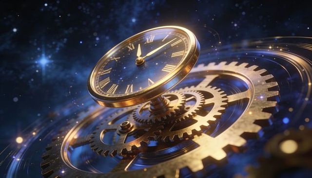 Golden astral timepiece with rotating gears, roman numerals and floating nebula