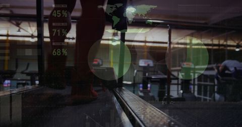 Man running on treadmill with digital data overlay at gym