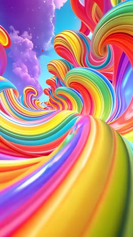 Moving through swirling rainbow loops in surreal magenta sky vertical video
